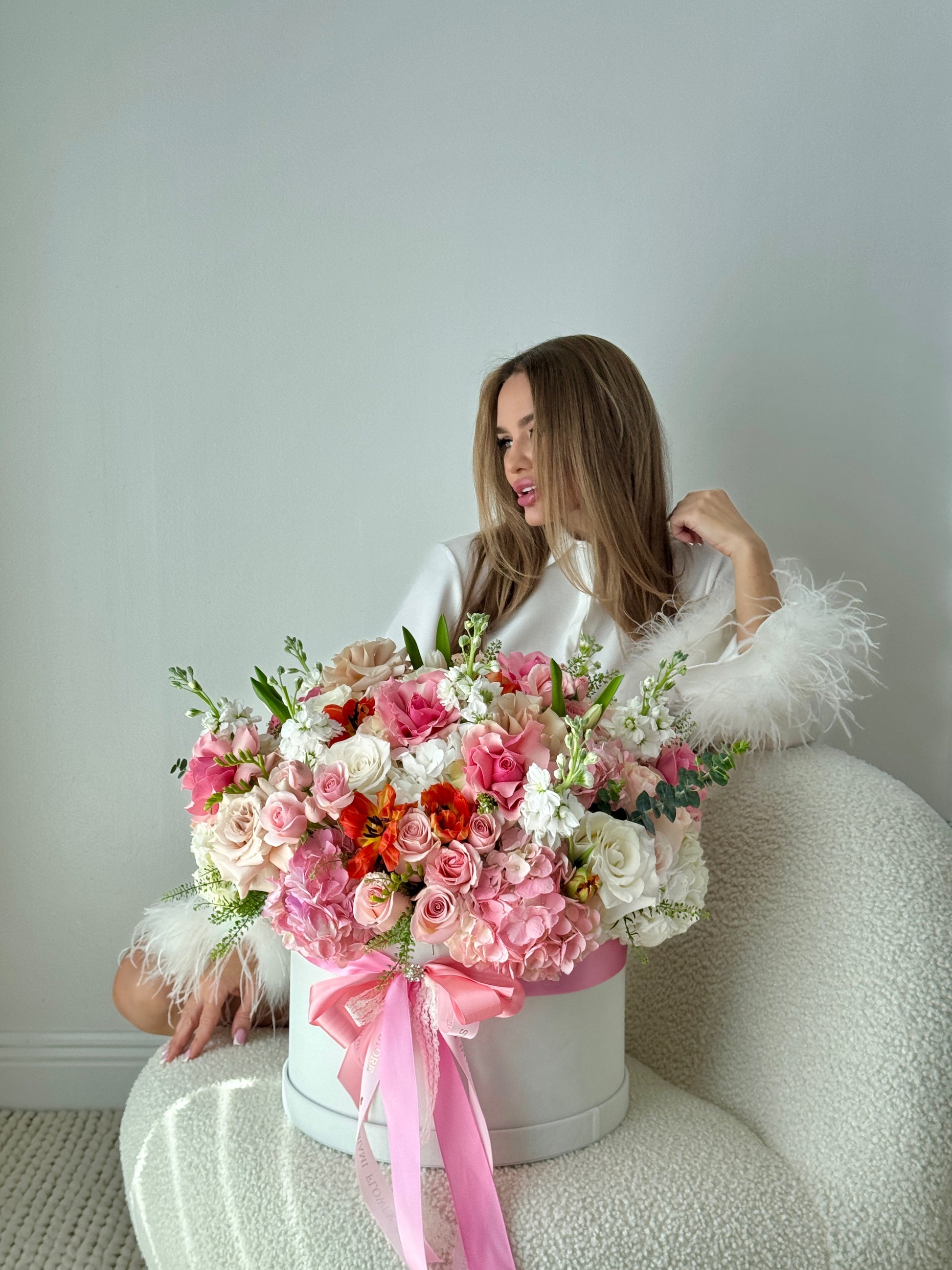 Pink & Peach Rose, Ranunculus, Hydrangea Flower Bouquet In A Box - Miami Flower Store Delivery Fort Lauderdale