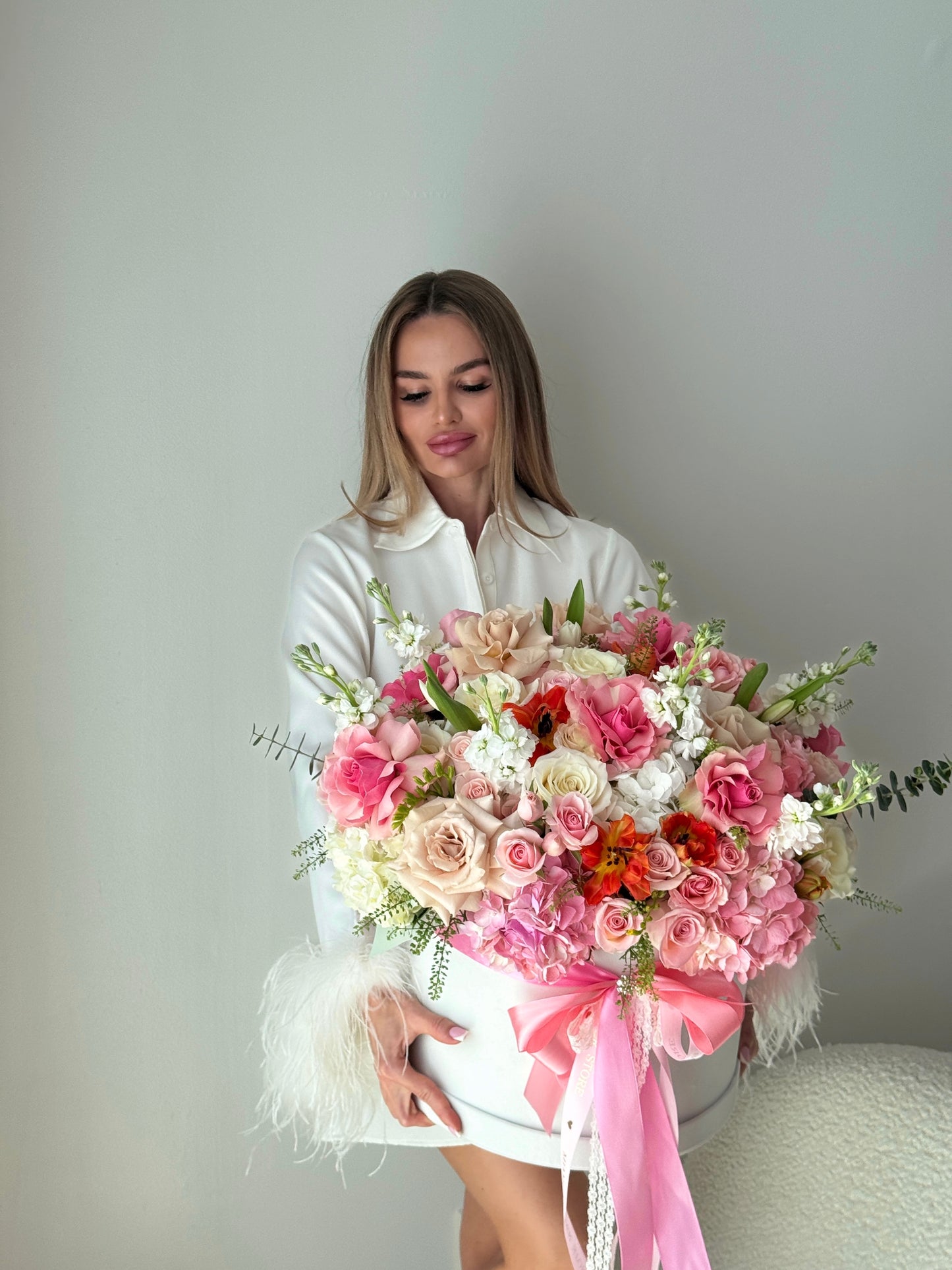 Pink & Peach Rose, Ranunculus, Hydrangea Flower Bouquet In A Box - Miami Flower Store Delivery Fort Lauderdale