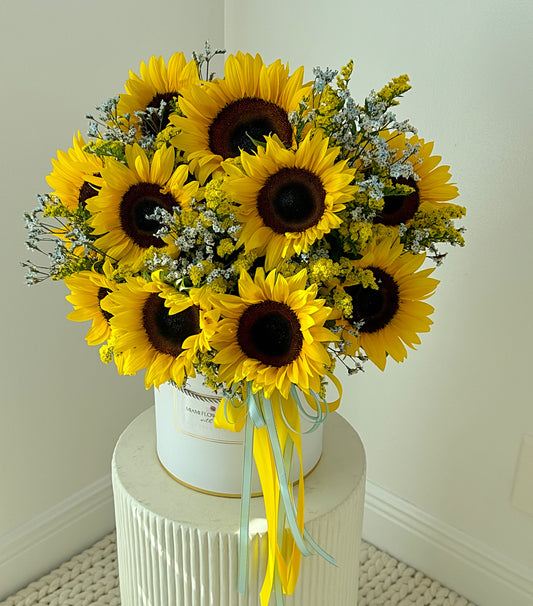 Sunflower, Solidago & Limonium Flower Bouquet In A Box - Miami Flower Store Same-Day Delivery Fort Lauderdale Brickell Aventura Las Olas Hallendale Beach Hollywood Sunny Isles