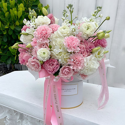 Pink & White Hydrangea, Carnations & Ranunculus, Lisianthus Flower Bouquet In A Box With Elegant Beads - Miami Flower Store Delivery Fort Lauderdale