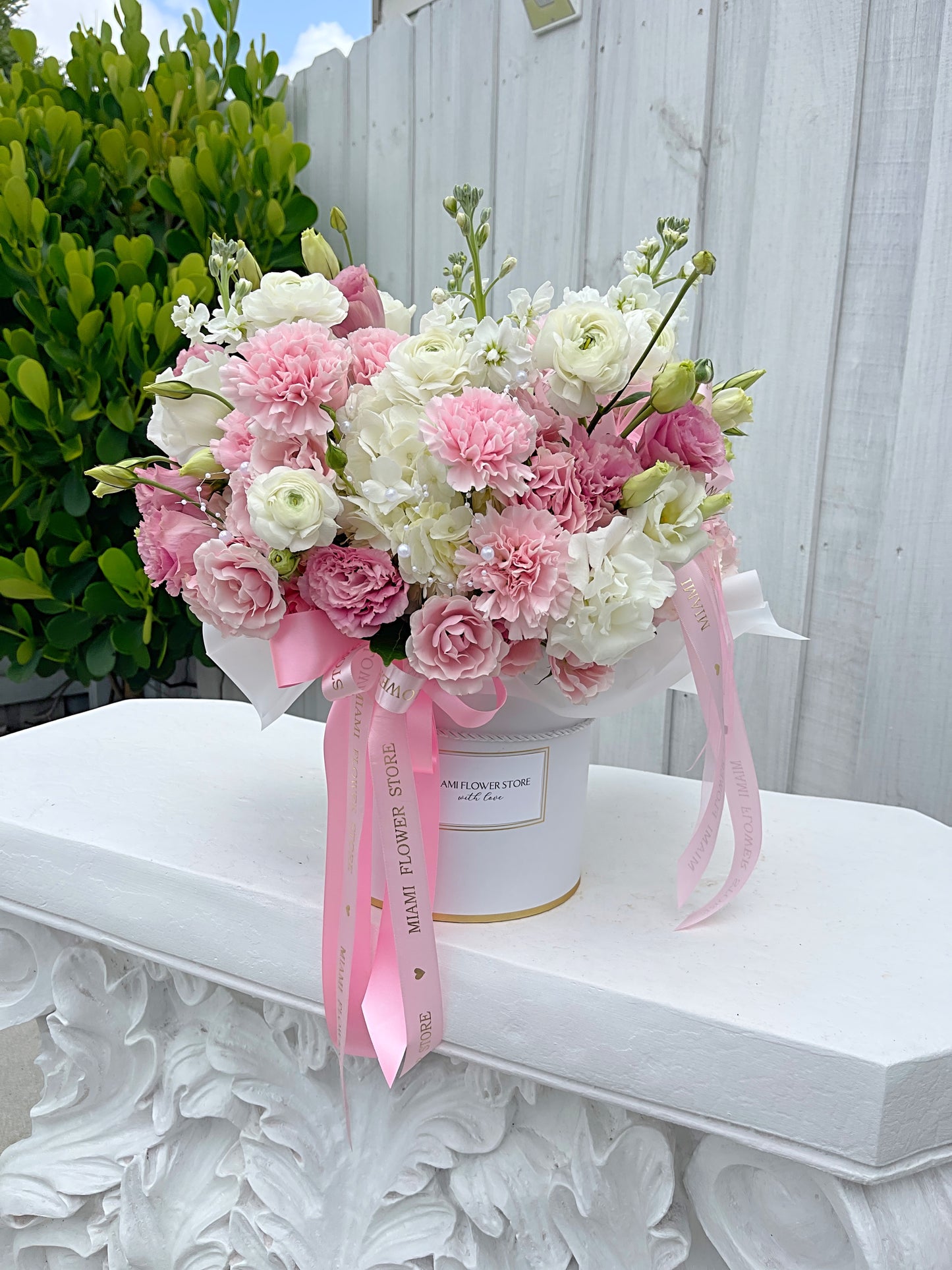 Pink & White Hydrangea, Carnations & Ranunculus, Lisianthus Flower Bouquet In A Box With Elegant Beads - Miami Flower Store Delivery Fort Lauderdale