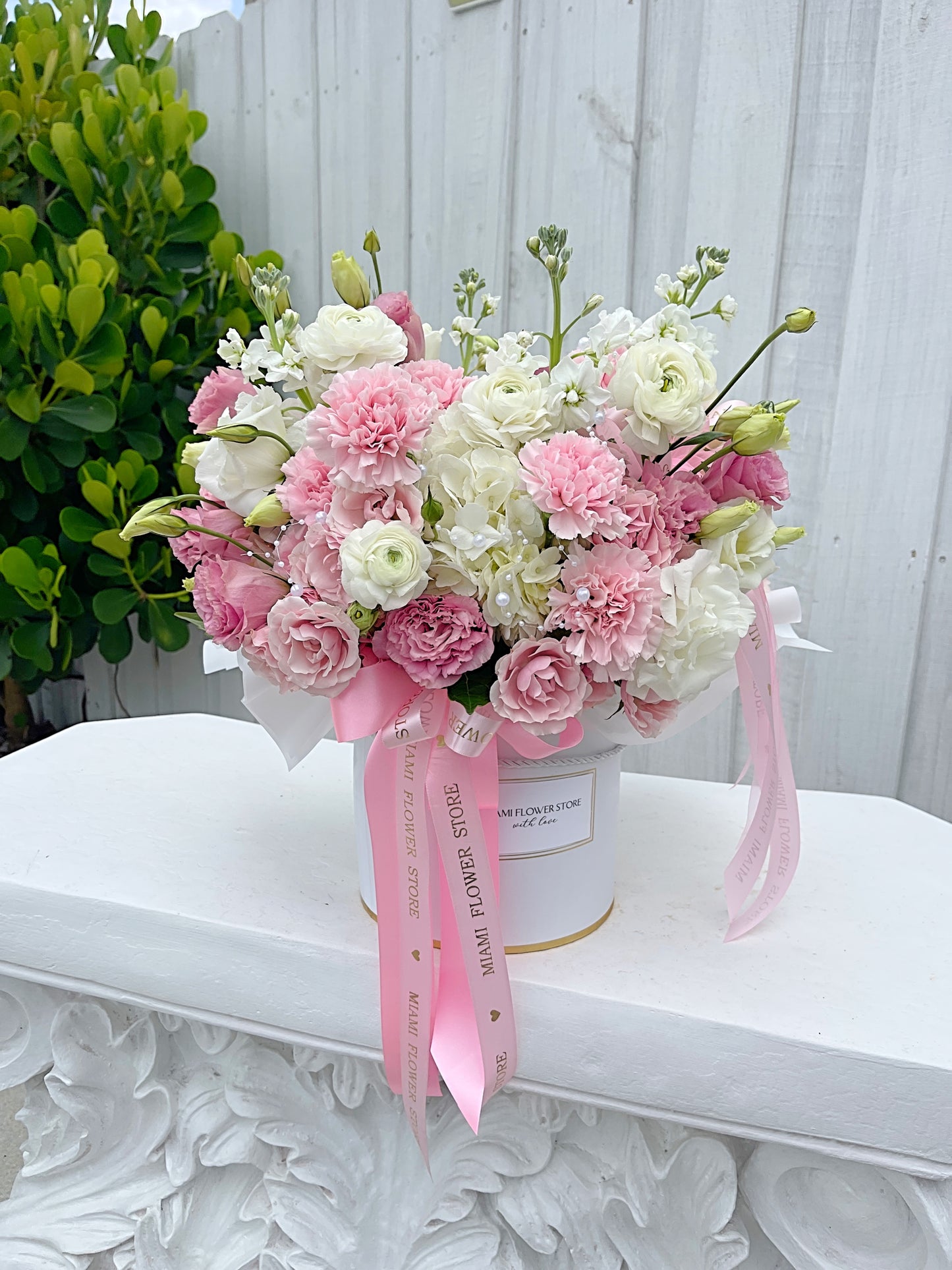 Pink & White Hydrangea, Carnations & Ranunculus, Lisianthus Flower Bouquet In A Box With Elegant Beads - Miami Flower Store Delivery Fort Lauderdale