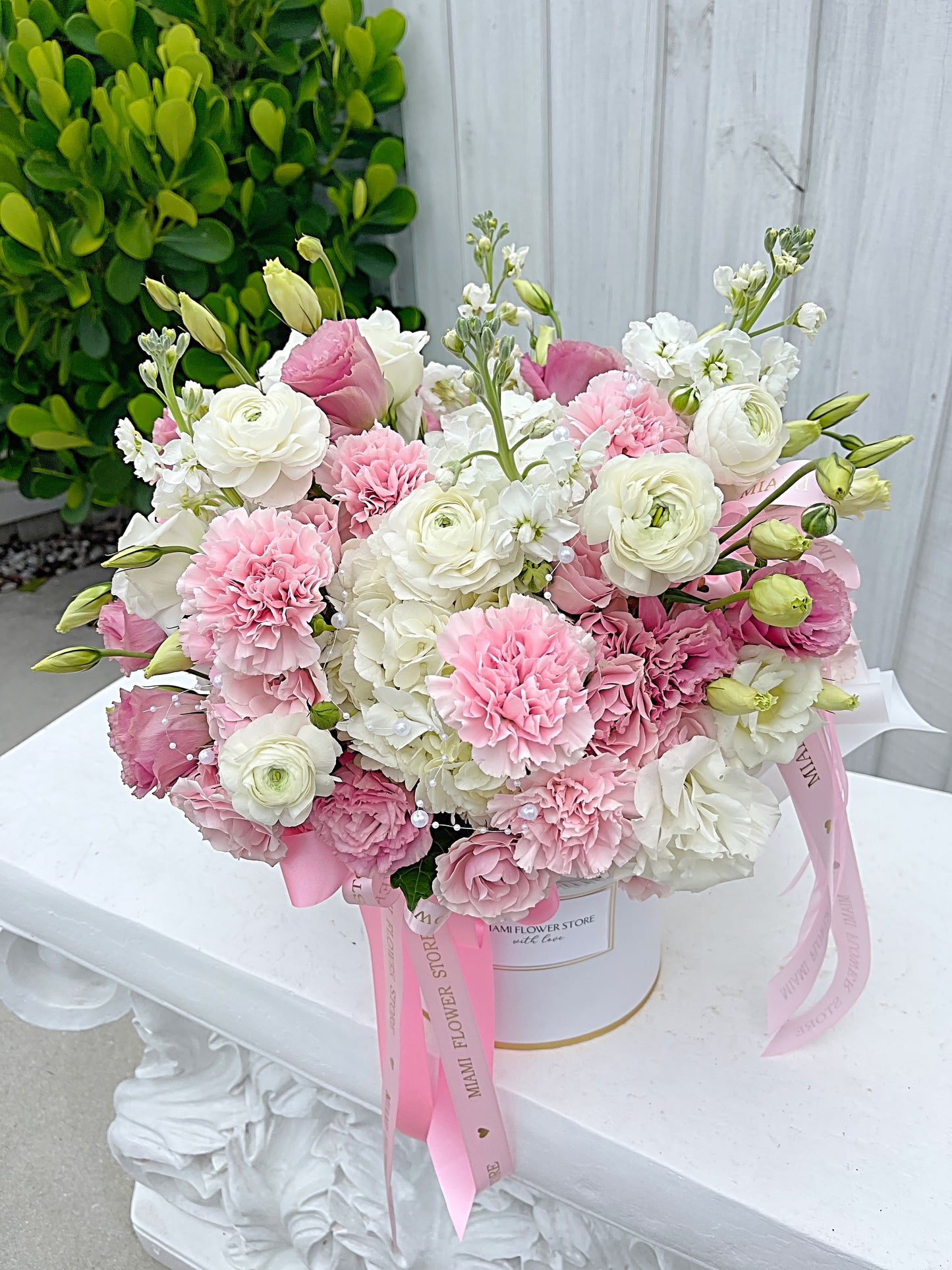 Pink & White Hydrangea, Carnations & Ranunculus, Lisianthus Flower Bouquet In A Box With Elegant Beads - Miami Flower Store Delivery Fort Lauderdale