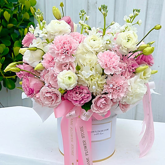 Pink & White Hydrangea, Carnations & Ranunculus, Lisianthus Flower Bouquet In A Box With Elegant Beads - Miami Flower Store Delivery Fort Lauderdale