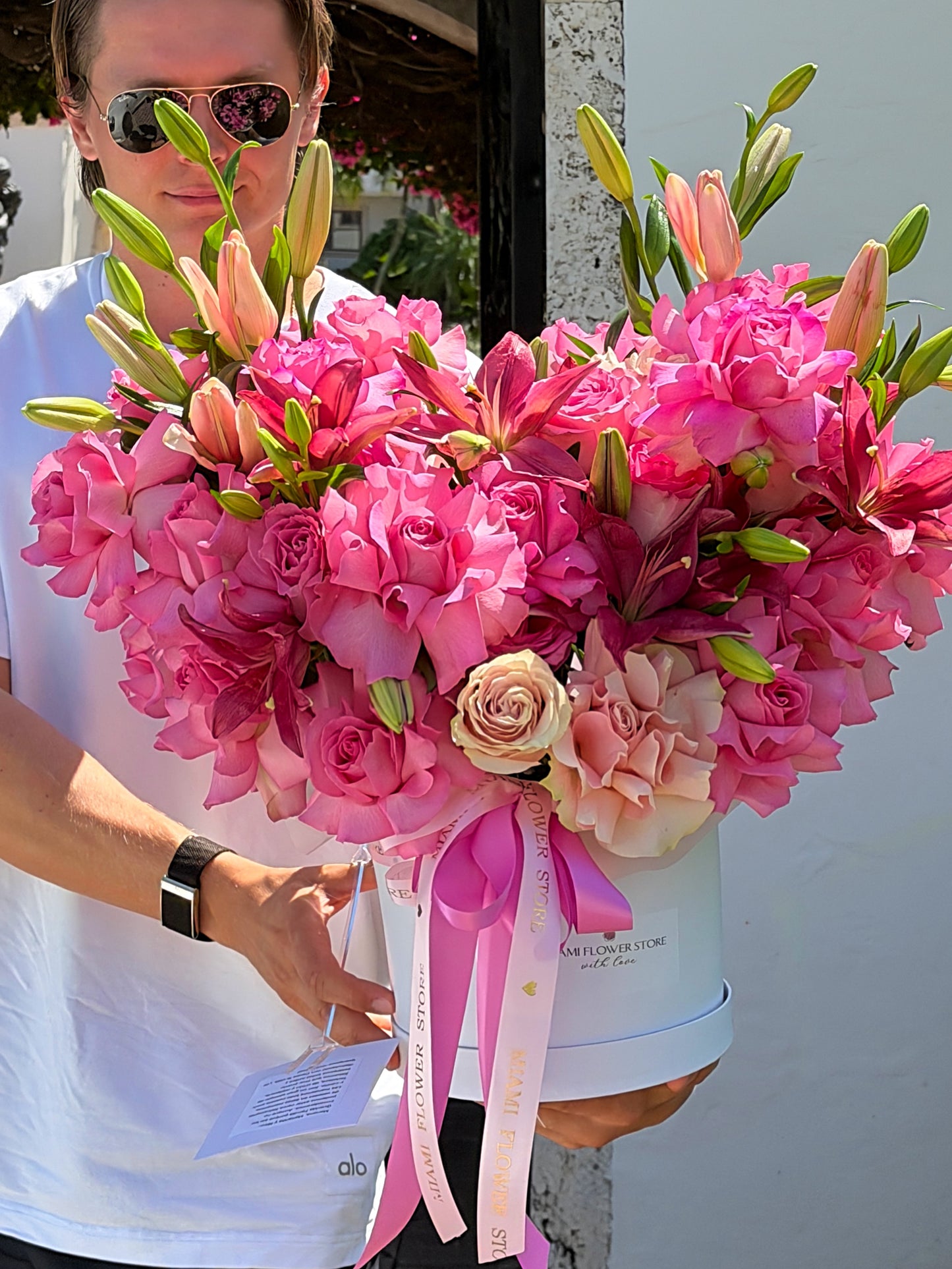 Lilies And Hot Pink Roses In A Box - Miami Flower Store Same-Day Delivery Fort Lauderdale Brickell Aventura Las Olas Hallendale Beach Hollywood Sunny Isles
