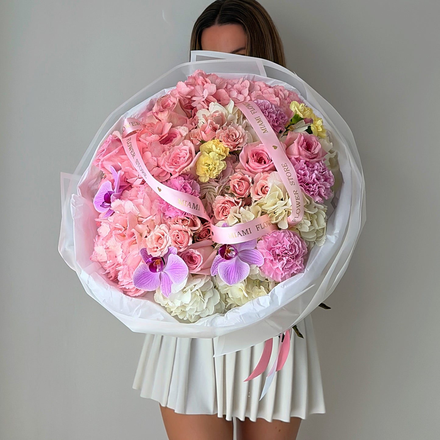 Pink Rose Flower Bouquet With Purple Orchids & Pink Hydrangea - Miami Flower Store Same-Day Delivery Fort Lauderdale Brickell Aventura Las Olas Hallendale Beach Hollywood Sunny Isles