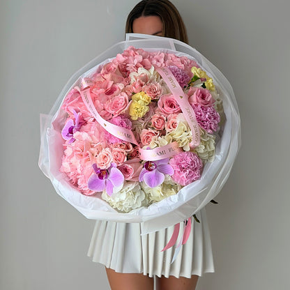 Pink Rose Flower Bouquet With Purple Orchids & Pink Hydrangea - Miami Flower Store Same-Day Delivery Fort Lauderdale Brickell Aventura Las Olas Hallendale Beach Hollywood Sunny Isles