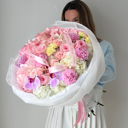 Pink Rose Flower Bouquet With Purple Orchids & Pink Hydrangea - Miami Flower Store Same-Day Delivery Fort Lauderdale Brickell Aventura Las Olas Hallendale Beach Hollywood Sunny Isles