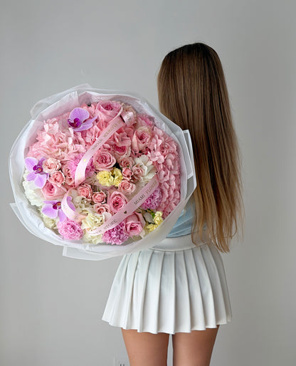 Pink Rose Flower Bouquet With Purple Orchids & Pink Hydrangea - Miami Flower Store Same-Day Delivery Fort Lauderdale Brickell Aventura Las Olas Hallendale Beach Hollywood Sunny Isles