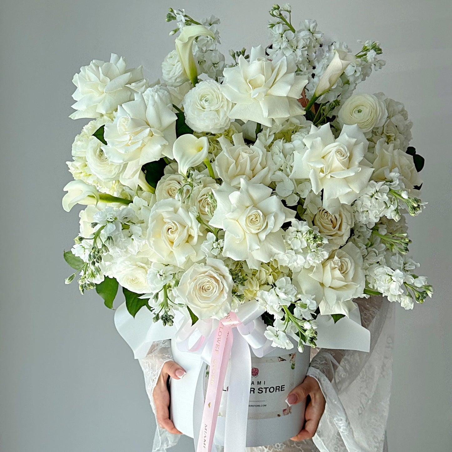 White Rose, Callas, Ranunculus, & Stock Flower Bouquet In A Box - Miami Flower Store Delivery Fort Lauderdale