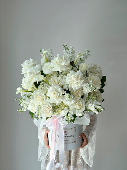 White Rose, Callas, Ranunculus, & Stock Flower Bouquet In A Box - Miami Flower Store Delivery Fort Lauderdale