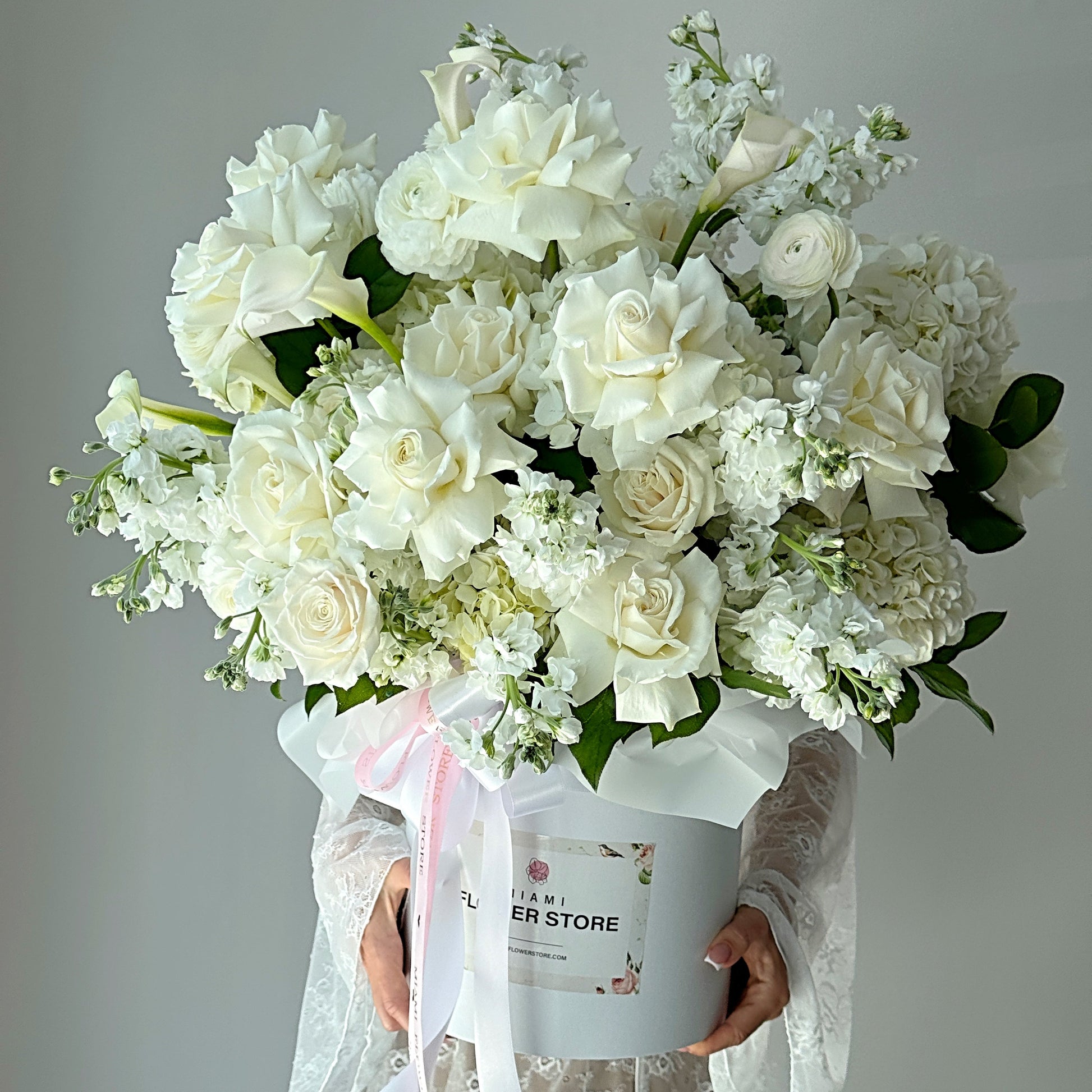 White Rose, Callas, Ranunculus, & Stock Flower Bouquet In A Box - Miami Flower Store Delivery Fort Lauderdale