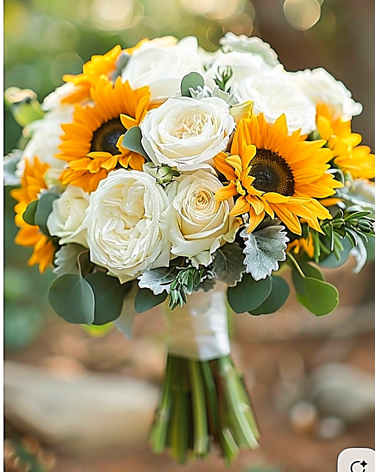 Sunflower, White Roses, White Spray Roses And Dusty Miller Bridal Bouquet