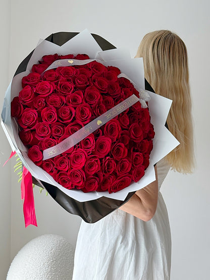 50/75 Classic Red Rose Flower Bouquet With Pearl Beads - Miami Flower Store Same-Day Delivery Fort Lauderdale Brickell Aventura Las Olas Hallendale Beach Hollywood Sunny Isles
