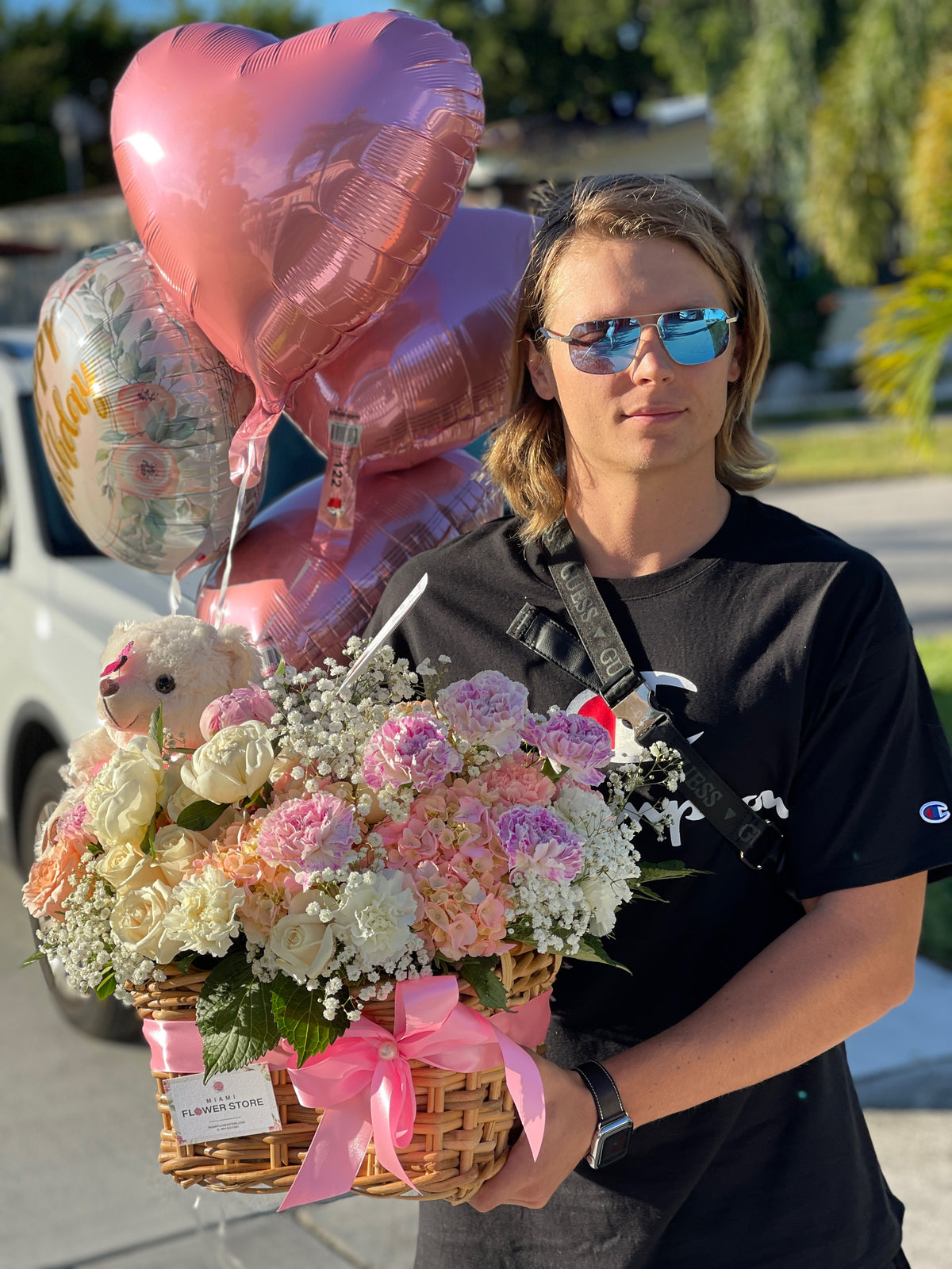 Flowers & Teddy Bear In A Basket|MiamiFlowerShope - Miami Flower Store Same-Day Delivery Fort Lauderdale Brickell Aventura Las Olas Hallendale Beach Hollywood Sunny Isles