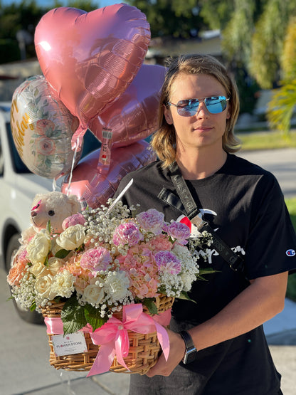 Flowers & Teddy Bear In A Basket|MiamiFlowerShope - Miami Flower Store Same-Day Delivery Fort Lauderdale Brickell Aventura Las Olas Hallendale Beach Hollywood Sunny Isles