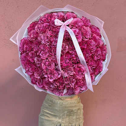 Rose Flower Bouquet With Bright Pink Roses & Eucalyptus - Miami Flower Store Same-Day Delivery Fort Lauderdale Brickell Aventura Las Olas Hallendale Beach Hollywood Sunny Isles