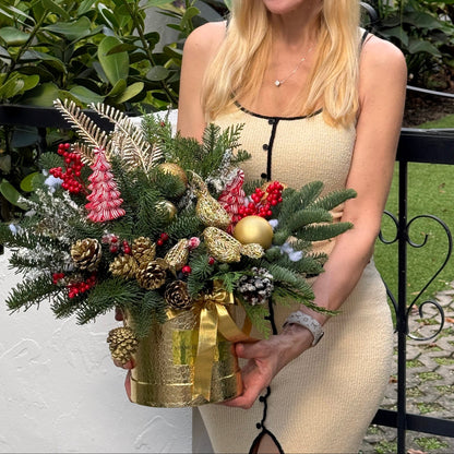 Christmas Pine Arrangement In A Gold - Miami Flower Store Same-Day Delivery Fort Lauderdale Brickell Aventura Las Olas Hallendale Beach Hollywood Sunny Isles