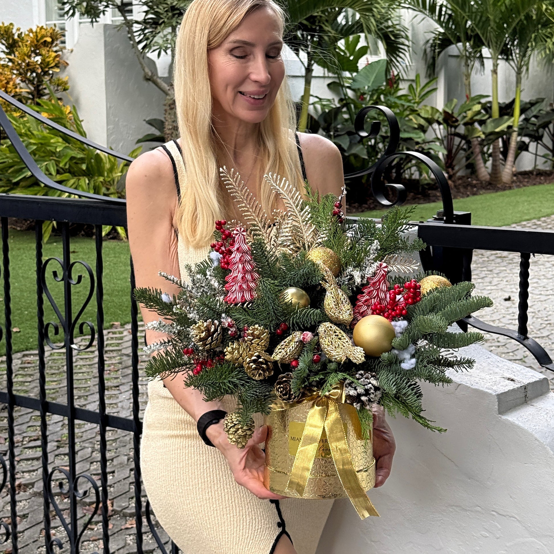 Christmas Pine Arrangement In A Gold - Miami Flower Store Same-Day Delivery Fort Lauderdale Brickell Aventura Las Olas Hallendale Beach Hollywood Sunny Isles