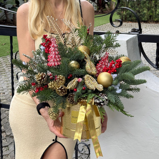 Christmas Pine Arrangement In A Gold - Miami Flower Store Same-Day Delivery Fort Lauderdale Brickell Aventura Las Olas Hallendale Beach Hollywood Sunny Isles