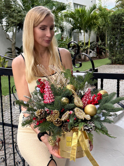 Christmas Pine Arrangement In A Gold - Miami Flower Store Same-Day Delivery Fort Lauderdale Brickell Aventura Las Olas Hallendale Beach Hollywood Sunny Isles