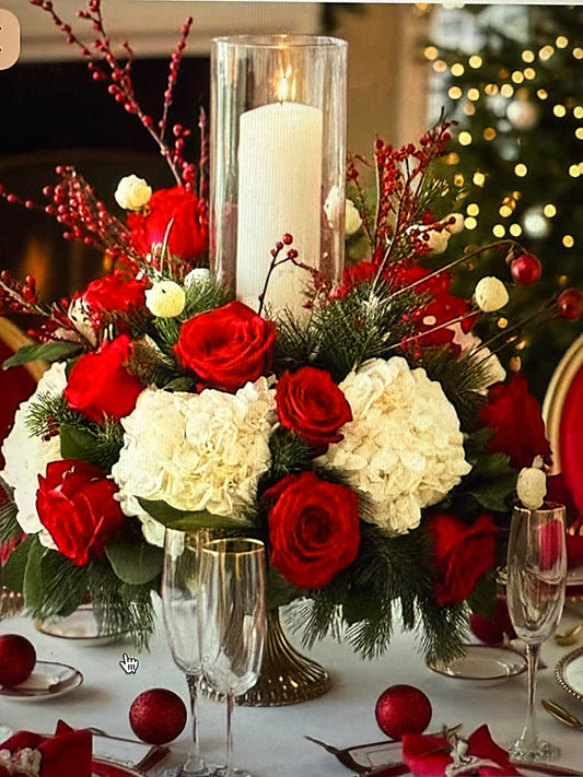 Traditional Christmas Arrangement With Red Roses & Hydrangea. - Miami Flower Store Same-Day Delivery Fort Lauderdale Brickell Aventura Las Olas Hallendale Beach Hollywood Sunny Isles