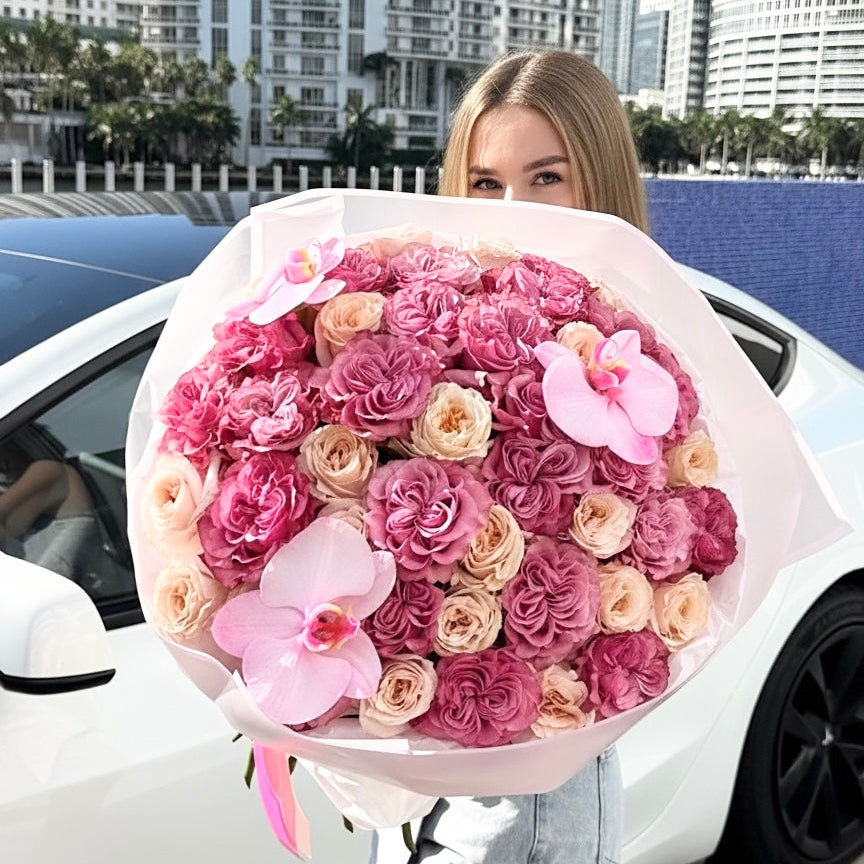 Pink & Blush Pink Rose Flower Bouquet With Orchids - Miami Flower Store Same-Day Delivery Fort Lauderdale Brickell Aventura Las Olas Hallendale Beach Hollywood Sunny Isles