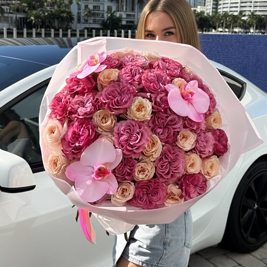 Pink & Blush Pink Rose Flower Bouquet With Orchids - Miami Flower Store Same-Day Delivery Fort Lauderdale Brickell Aventura Las Olas Hallendale Beach Hollywood Sunny Isles