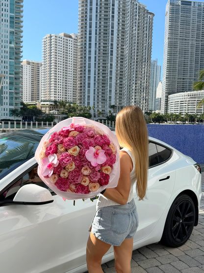 Pink & Blush Pink Rose Flower Bouquet With Orchids - Miami Flower Store Same-Day Delivery Fort Lauderdale Brickell Aventura Las Olas Hallendale Beach Hollywood Sunny Isles