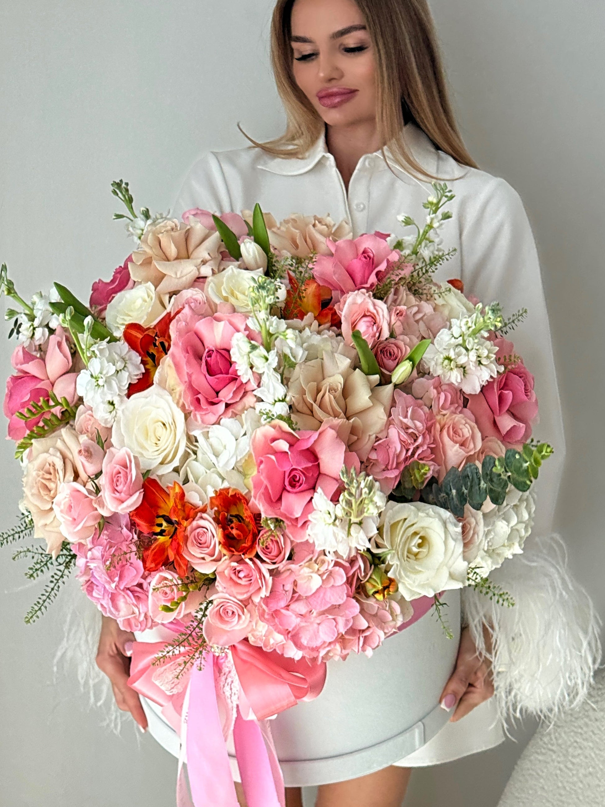 Pink & Peach Rose, Ranunculus, Hydrangea Flower Bouquet In A Box - Miami Flower Store Delivery Fort Lauderdale