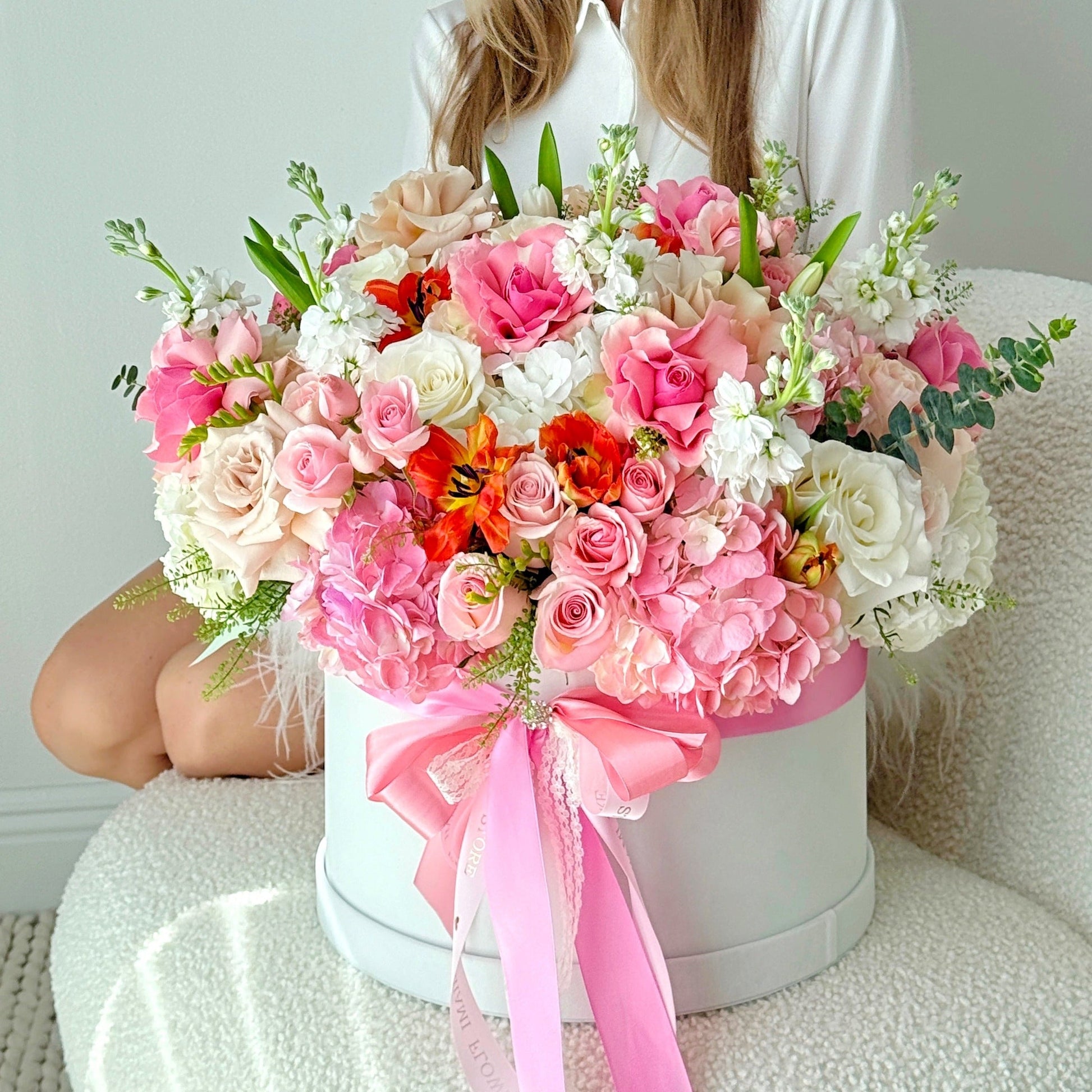 Pink & Peach Rose, Ranunculus, Hydrangea Flower Bouquet In A Box - Miami Flower Store Delivery Fort Lauderdale