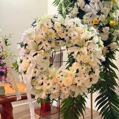 Open Funeral Wreath With White Fresh Lilies, Roses, Daises And Ribbon - Miami Flower Store Same-Day Delivery Fort Lauderdale Brickell Aventura Las Olas Hallendale Beach Hollywood Sunny Isles