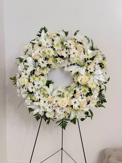 Open Funeral Wreath With White Fresh Lilies, Roses, Daises And Ribbon - Miami Flower Store Same-Day Delivery Fort Lauderdale Brickell Aventura Las Olas Hallendale Beach Hollywood Sunny Isles