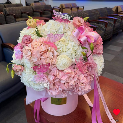 Pink Hydrangea With Pink And White Roses Flower Bouquet In A Box - Miami Flower Store Same-Day Delivery Fort Lauderdale Brickell Aventura Las Olas Hallendale Beach Hollywood Sunny Isles