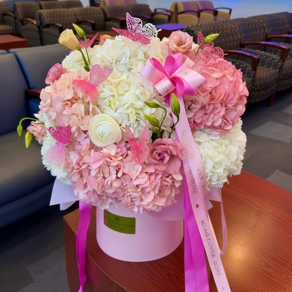 Pink Hydrangea With Pink And White Roses Flower Bouquet In A Box - Miami Flower Store Same-Day Delivery Fort Lauderdale Brickell Aventura Las Olas Hallendale Beach Hollywood Sunny Isles