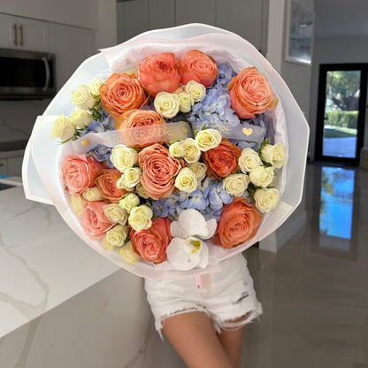 Blue Hydrangea & Orange Roses Flower Bouquet - Miami Flower Store Same-Day Delivery Fort Lauderdale Brickell Aventura Las Olas Hallendale Beach Hollywood Sunny Isles