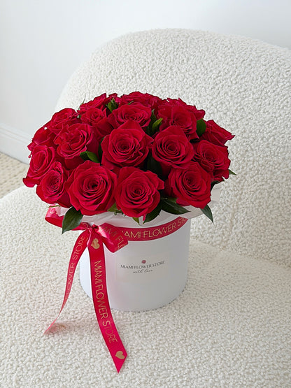 Red Roses Flower Bouquet In Box - Miami Flower Store Same-Day Delivery Fort Lauderdale Brickell Aventura Las Olas Hallendale Beach Hollywood Sunny Isles