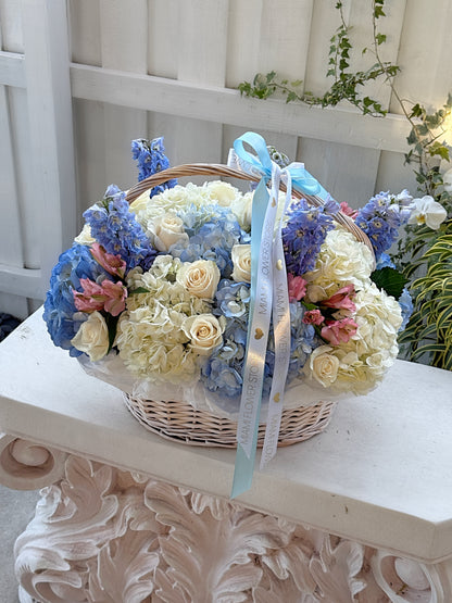 Blue Flower Basket With Hydrangea, Roses & Delphinium - Miami Flower Store Same-Day Delivery Fort Lauderdale Brickell Aventura Las Olas Hallendale Beach Hollywood Sunny Isles