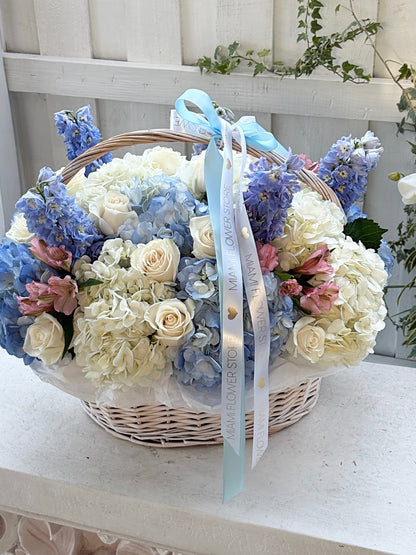 Blue Flower Basket With Hydrangea, Roses & Delphinium - Miami Flower Store Same-Day Delivery Fort Lauderdale Brickell Aventura Las Olas Hallendale Beach Hollywood Sunny Isles