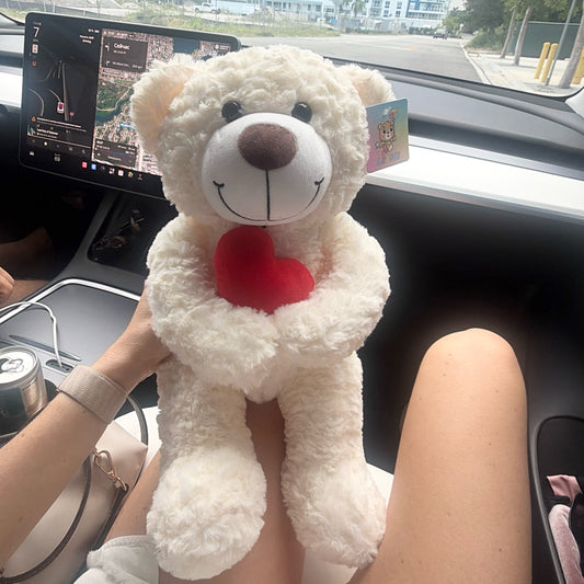 18" White Stuffed Teddy Bear With A Vibrating Red Heart. - Miami Flower Store Same-Day Delivery Fort Lauderdale Brickell Aventura Las Olas Hallendale Beach Hollywood Sunny Isles