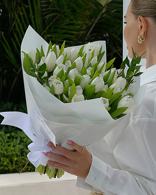 50 White Tulip Hand Flower Bouquet - Miami Flower Store Same-Day Delivery Fort Lauderdale Brickell Aventura Las Olas Hallendale Beach Hollywood Sunny Isles