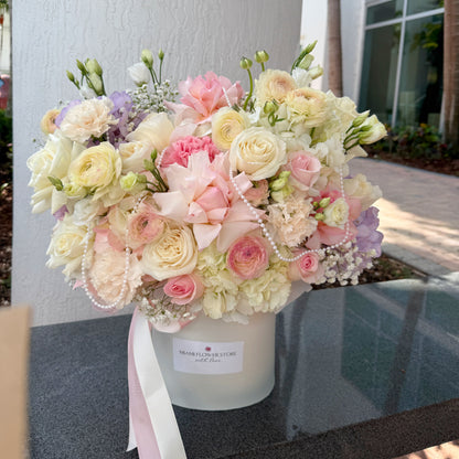 Pink & White Flower Bouquet In A Box With Elegant Beads - Miami Flower Store Same-Day Delivery Fort Lauderdale Brickell Aventura Las Olas Hallendale Beach Hollywood Sunny Isles