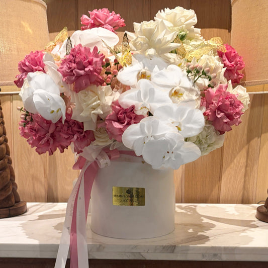 White Orchids & French Roses Flower Bouquet In A Box - Miami Flower Store Same-Day Delivery Fort Lauderdale Brickell Aventura Las Olas Hallendale Beach Hollywood Sunny Isles