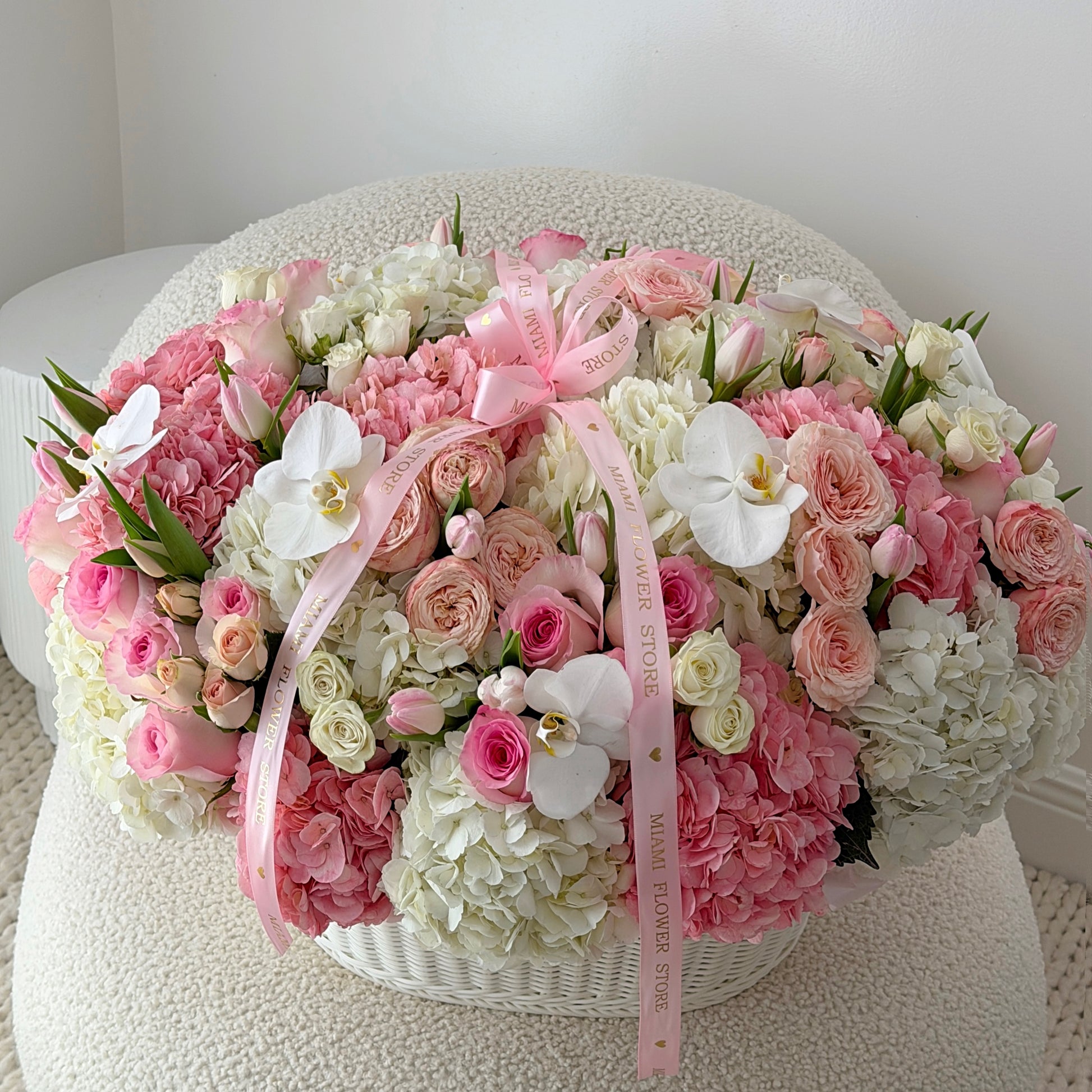 Large Flower Basket With Hydrangea, Roses, Orchids - Miami Flower Store Same-Day Delivery Fort Lauderdale Brickell Aventura Las Olas Hallendale Beach Hollywood Sunny Isles