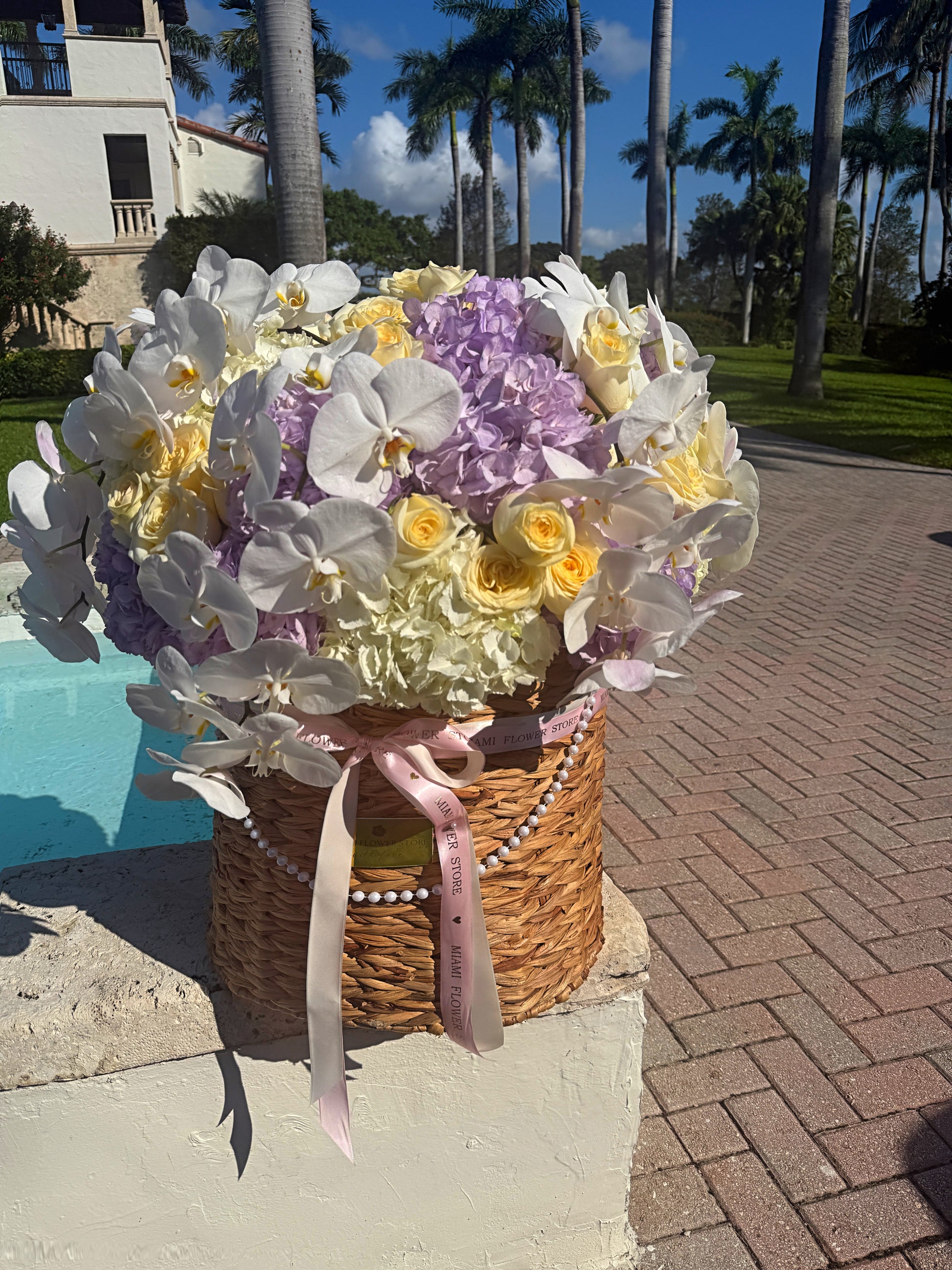 Lavender Flowers In A Basket/Hydrangea, Roses & Orchids - Miami Flower Store Same-Day Delivery Fort Lauderdale Brickell Aventura Las Olas Hallendale Beach Hollywood Sunny Isles