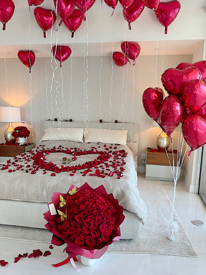 Romantic Room Decoration, 100 Red Rose Bouquet, Petals, Balloons, Candles & Chocolate - Miami Flower Store Delivery Fort Lauderdale