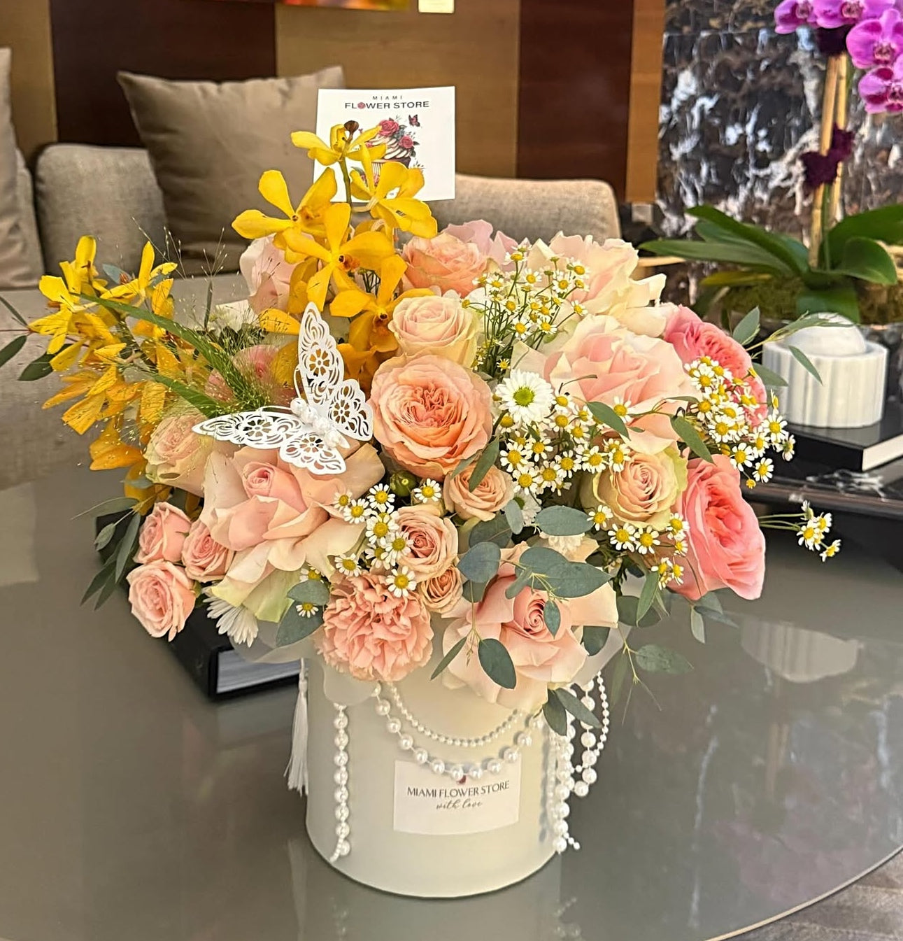 Garden Rose, Chamomile, Orchids Flower Arrangement With Butterfly n A Box. - Miami Flower Store Same-Day Delivery Fort Lauderdale Brickell Aventura Las Olas Hallendale Beach Hollywood Sunny Isles