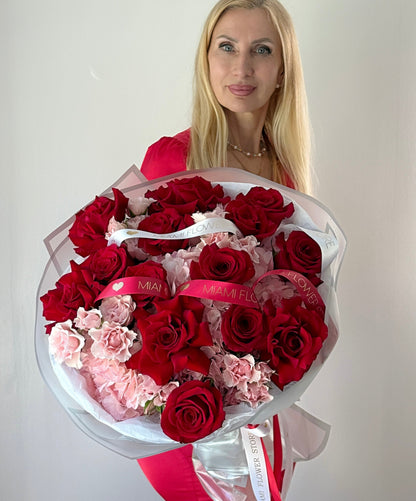Red Roses And Pink Hydrangea Flower Bouquet - Miami Flower Store Same-Day Delivery Fort Lauderdale Brickell Aventura Las Olas Hallendale Beach Hollywood Sunny Isles