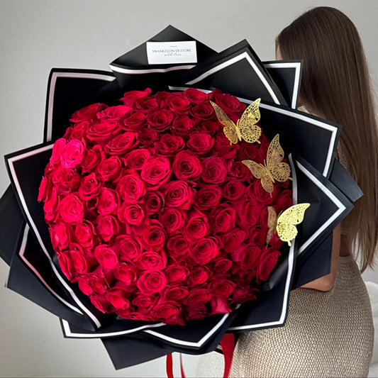 100 Red Rose Flower Bouquet With Gold Butterflies - Miami Flower Store Same-Day Delivery Fort Lauderdale Brickell Aventura Las Olas Hallendale Beach Hollywood Sunny Isles