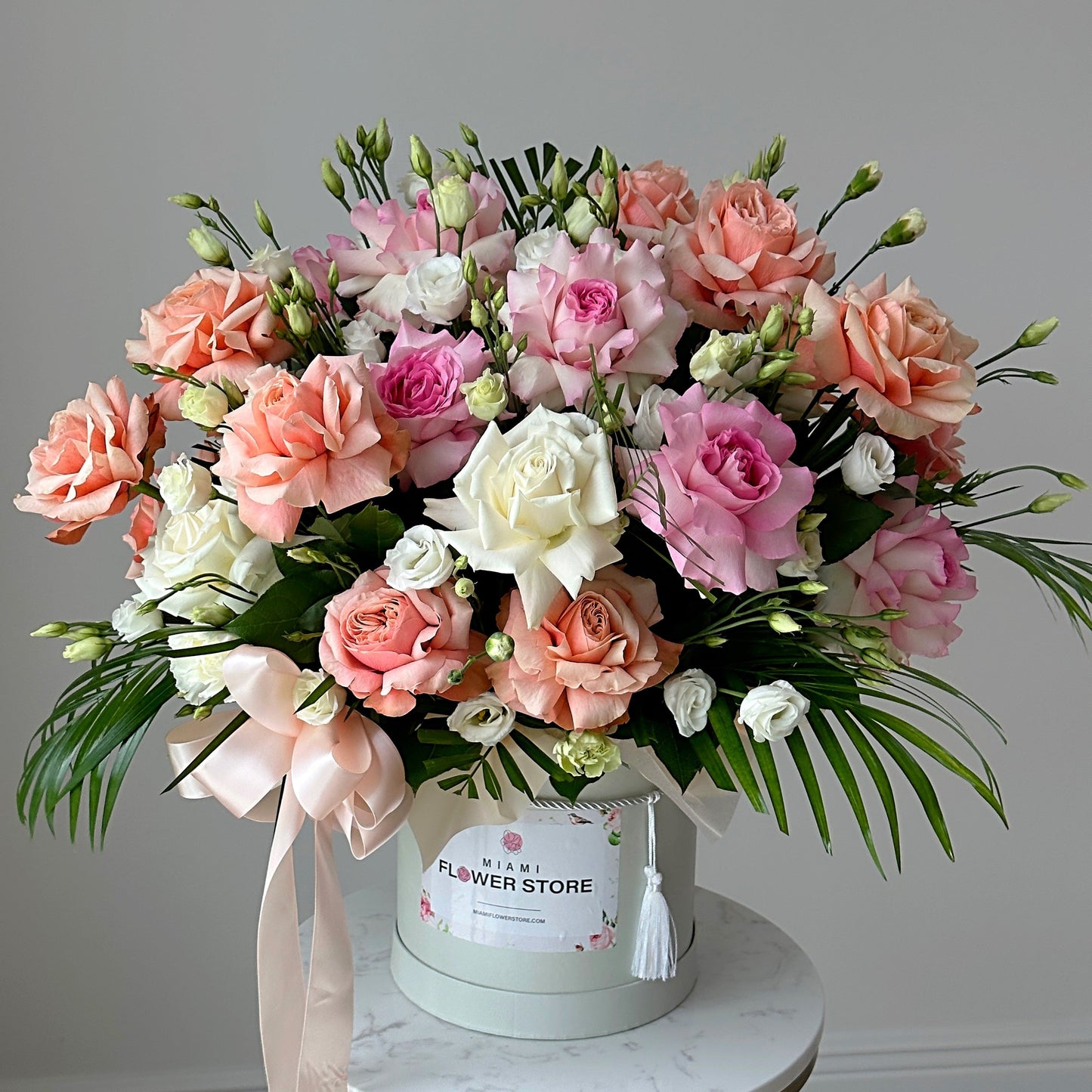 Orange, Pink, & White Rose Flower Mixed Bouquet In A Box - Miami Flower Store Delivery Fort Lauderdale